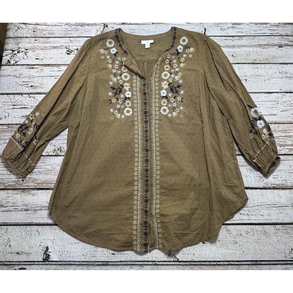J Jill Women Size XL Brown Boho Embroidered Peasant Blouse Top 100% Cotton